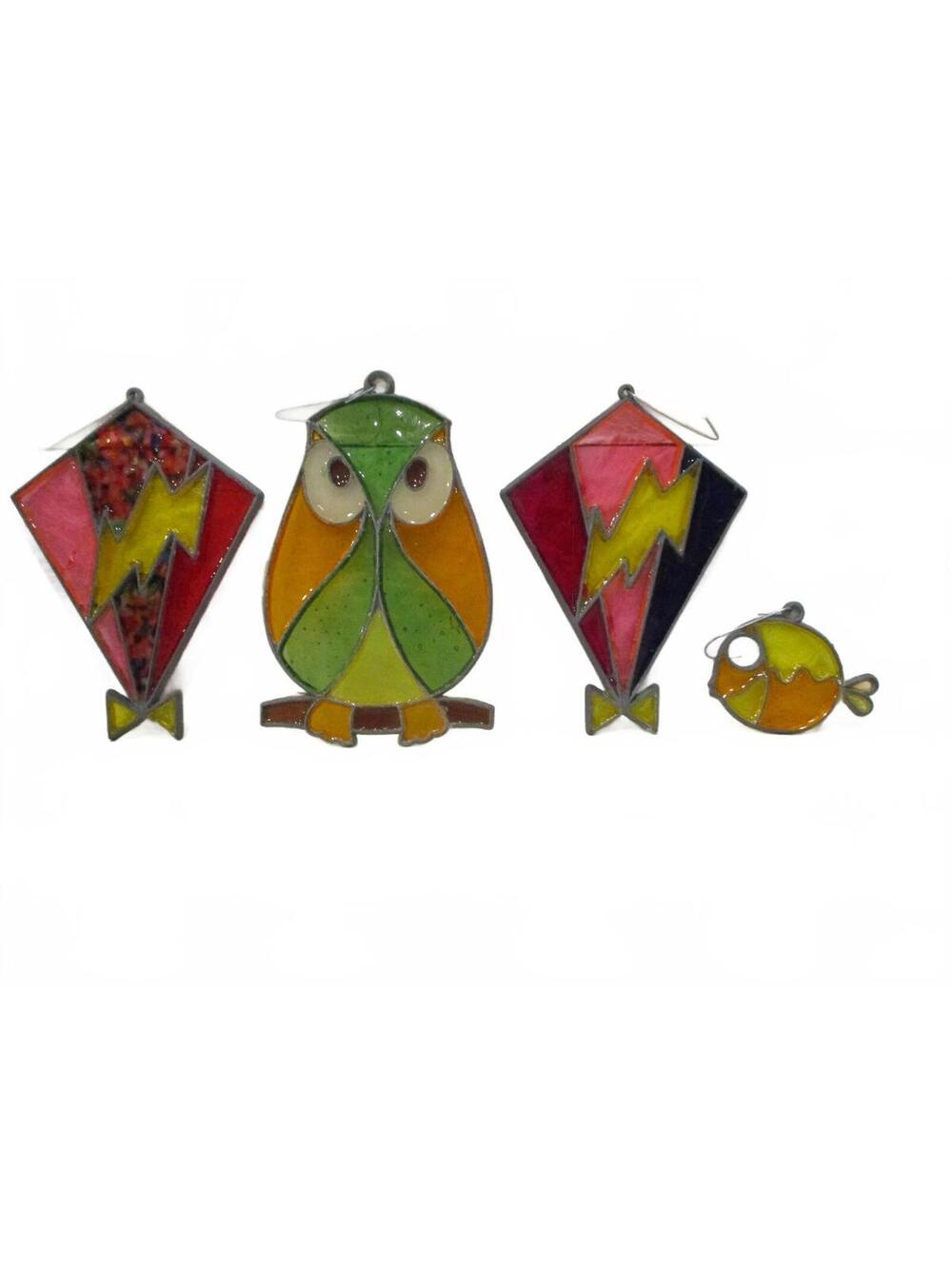 Vintage Stained Glass Suncatcher Lot Set of 4 Owl Kites Fish